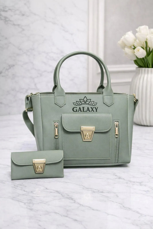 Girl's Grey Leather Hand Bag Set 2 Pcs Top Handle