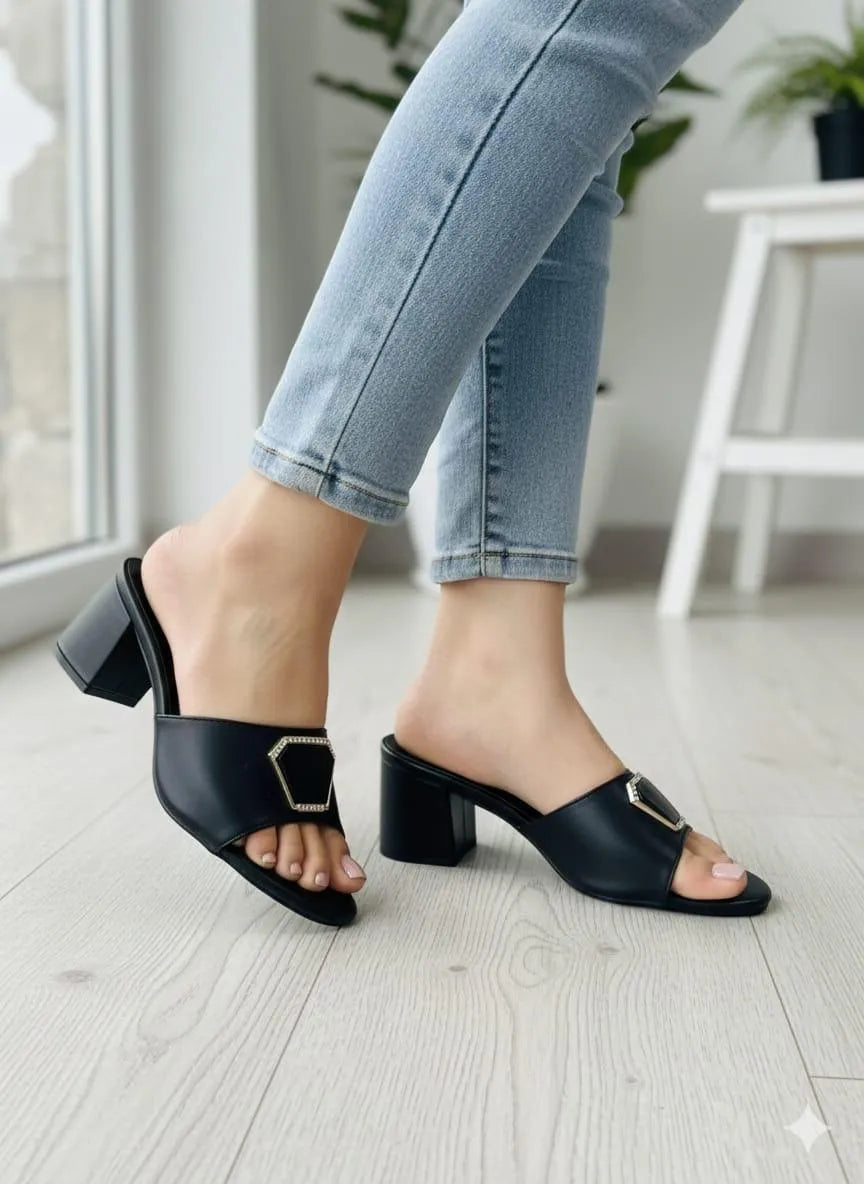 Women's Black Rexine Block Heels Size 6-11